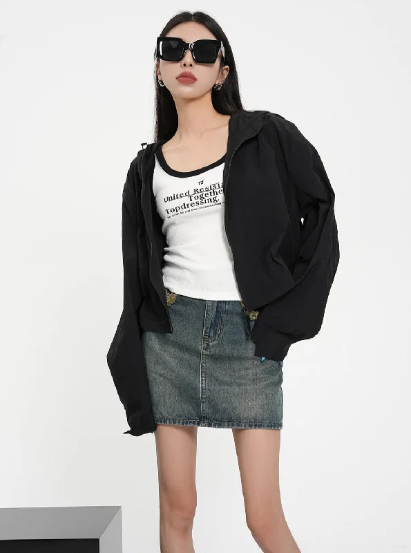 Price Drop Textured Contrast Duo: Ivory Puff-Sleeve Crop Blouse & Black Quilted Bomber Jacket Set