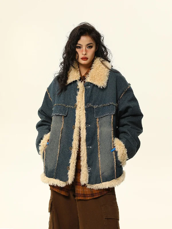 Grand Opening Sale Sherpa-Lined Distressed Denim Ranch Jacket