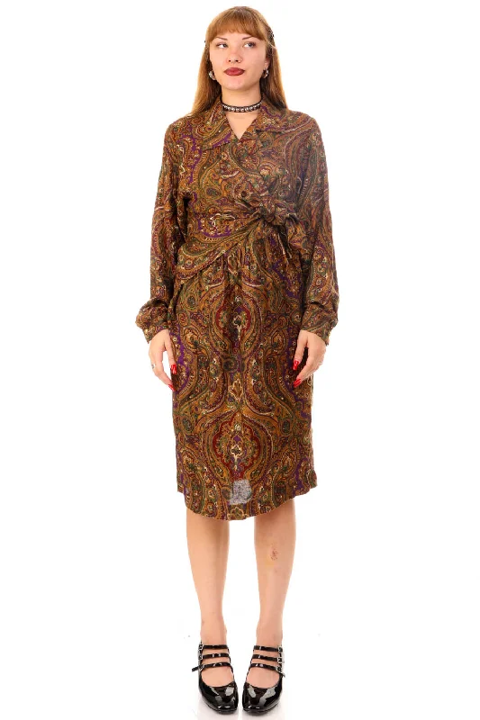 Vintage 80's Paisley Tie-Up Long Sleeve Dress - M/L