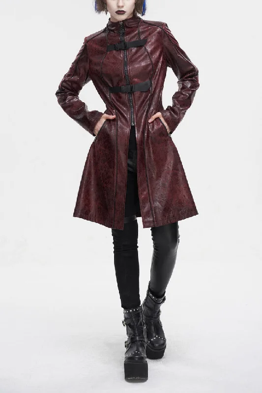 Blowout Deals Red Double Buckle Faux Leather Long Women's Punk Coat