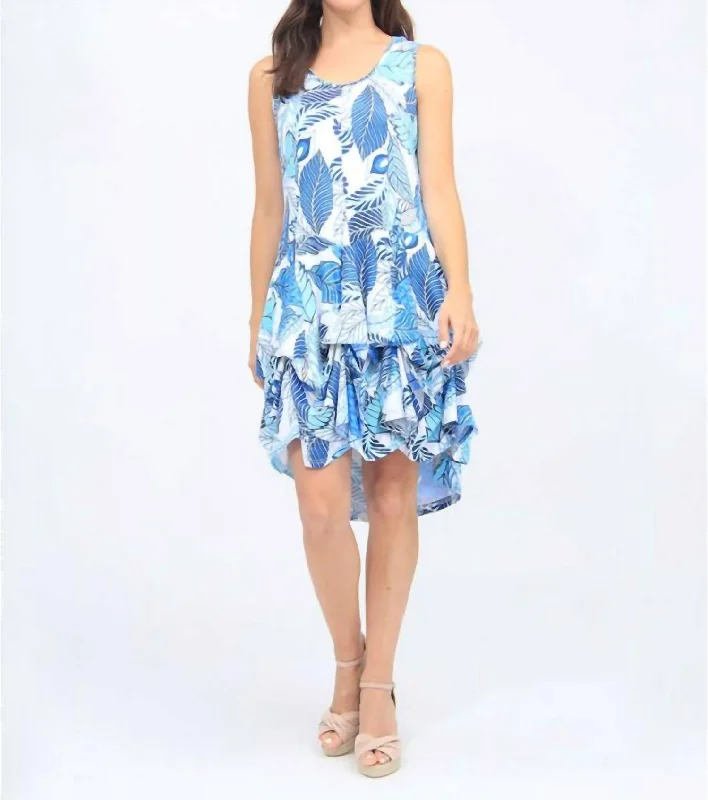 Sleeveless Tropical Print Ruffle Dress In Multi Blue