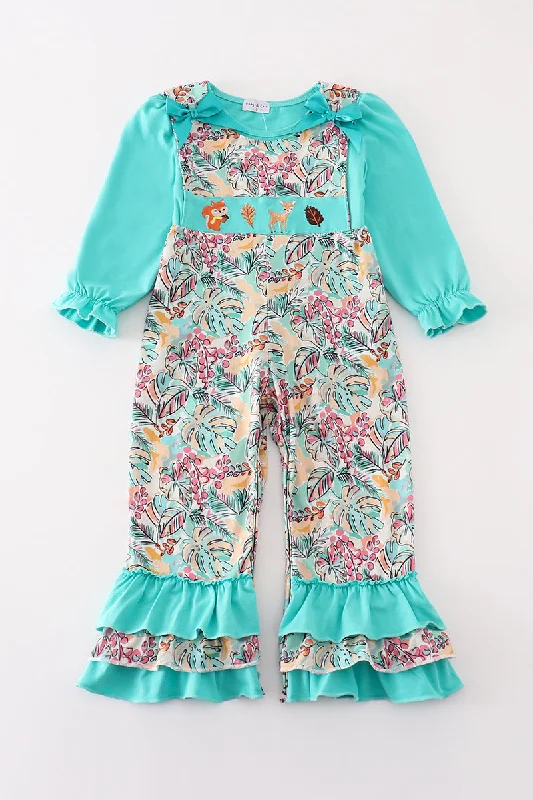 Price Meltdown Teal floral print forest animal embroidery 2pc girl jumpsuit set