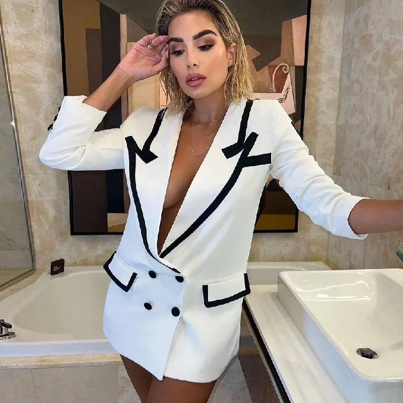 Inventory Reduction Contrast Peak Lapel Double Breasted Oversized Blazer Mini Dress - White Inventory Reduction Contrast Peak Lapel Double Breasted Oversized Blazer Mini Dress - White