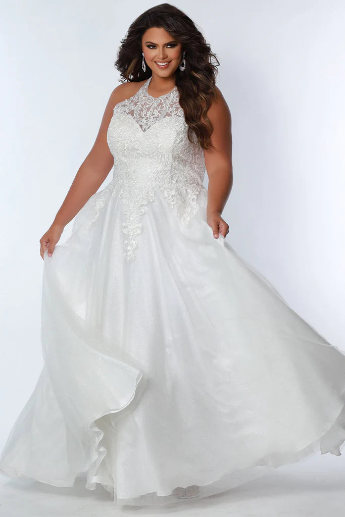 Super Savings Sydney's Closet SC7352 A-Line Glitter Tulle Lace Appliques Lace Up Back Halter Neckline Plus Size Prom Dress
