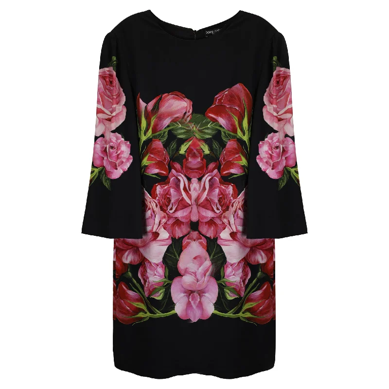 Dolce & Gabbana Rose Print Crepe Shift Dress in Black Viscose