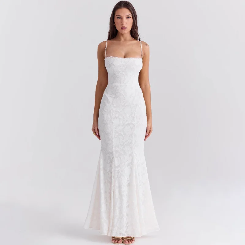 Deep Discounts Sexy Frill Square Neck Lace Up Backless Jacquard Floral Fishtail Slip Maxi Dress Deep Discounts Sexy Frill Square Neck Lace Up Backless Jacquard Floral Fishtail Slip Maxi Dress