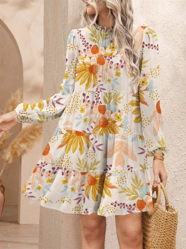 Closeout Tiered Printed Long Sleeve Mini Dress