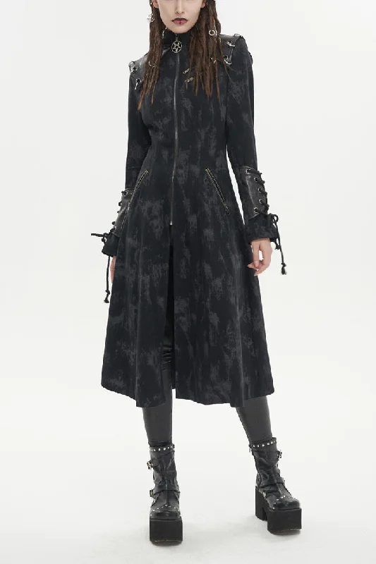 Black Faux Leather Splice With Hood Irregular Pattern Print Long Women's Punk Coat