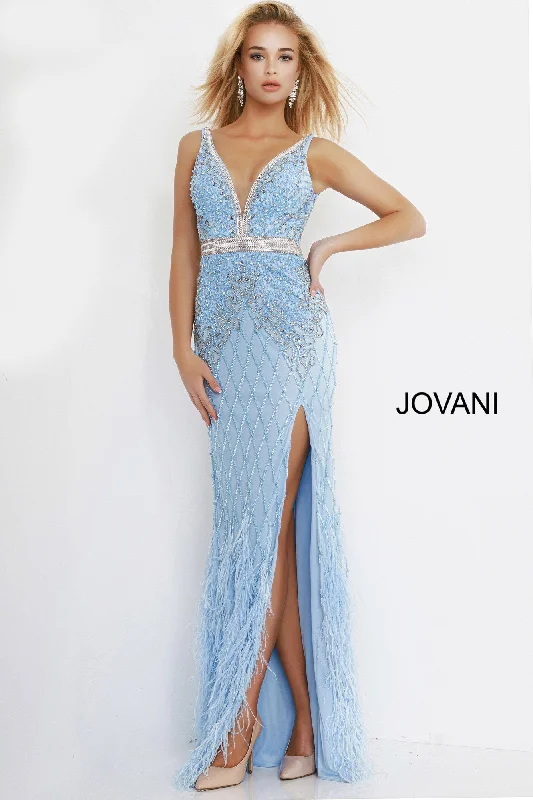 Jovani 55796 v neckline embellished prom dress with feather skirt