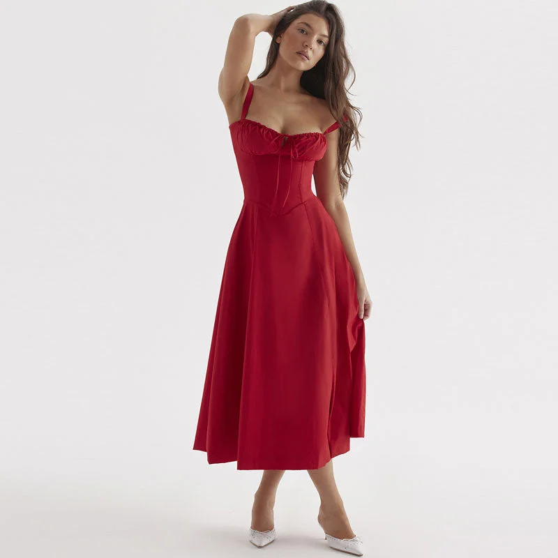 Daily Deals Romantic Tie Front Lace Up Suspender Strap Ruched Bustier Midi Sundress
