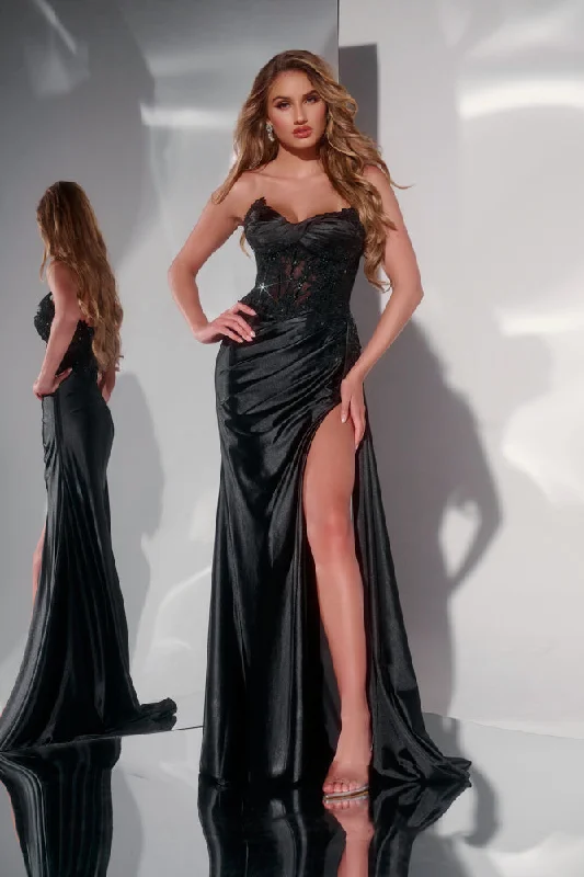 Major Savings Jovani 43848 Size 12 Black Long Satin Sheer Lace Corset Prom Dress Slit Overskirt Formal evening Gown Major Savings Jovani 43848 Size 12 Black Long Satin Sheer Lace Corset Prom Dress Slit Overskirt Formal evening Gown