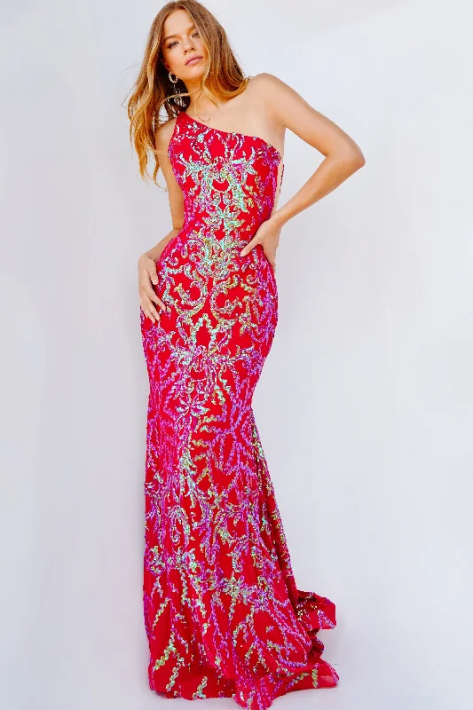 Jovani 22845 Size 0, 8 Iridescent Red Long Fitted Mermaid One Shoulder Prom Dress Iridescent Sequin Pageant Gown