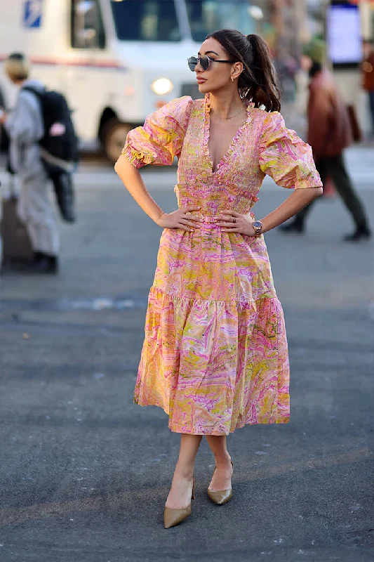 Savings Galore Astrid Marble Smocked Midi Dress