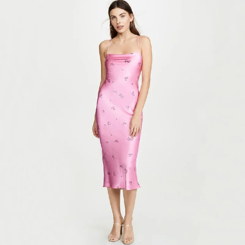 Deal of the Week Glossy Ditsy Floral Print Backless Satin Slip Midi Dress - Pink