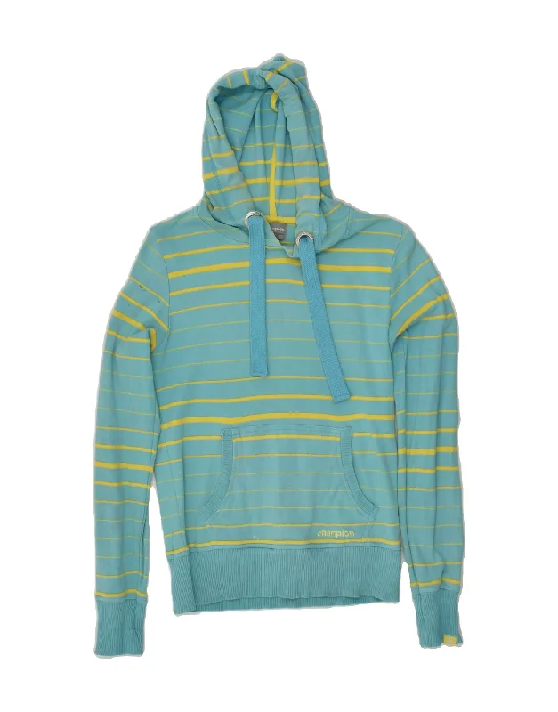 CHAMPION Womens Hoodie Jumper UK 12 Medium Turquoise Striped Cotton