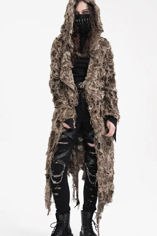 Super Sale Brown Long Sleeves Hooded Women's Punk Eyelets Zip Cape