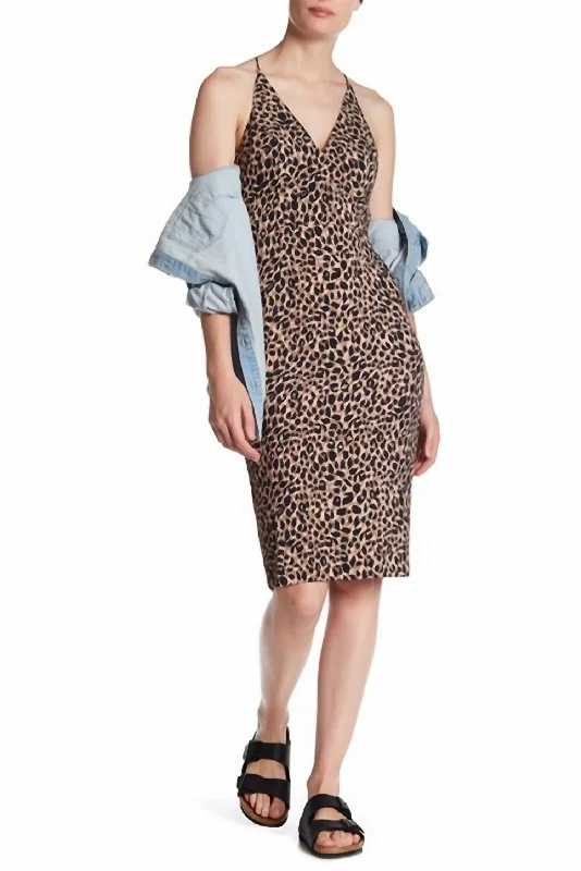 Animal Print Plunge V Neck Bodycon Leopard Midi Dres In Black/brown