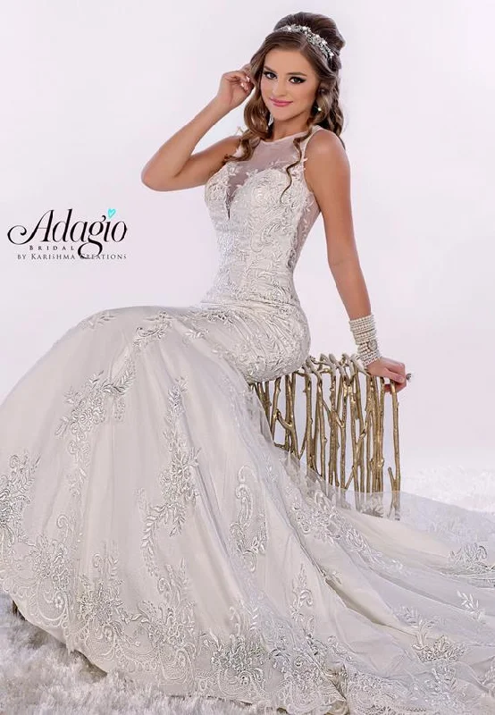 Adagio Bridal W9274 size 4, 10 White Lace Sheer Mermaid Wedding Dress Illusion Back