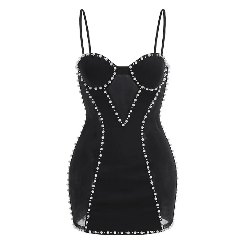 Must-Have Deals Luxury Bustier Sleeveless Mesh Panel Faux Pearl Embellished Club Mini Dress