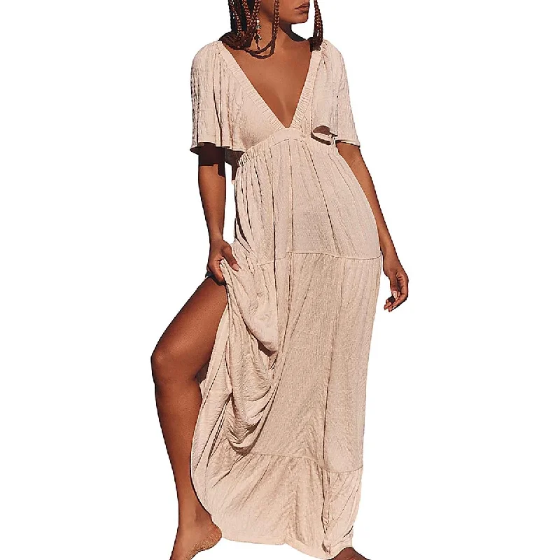 La La Womens Tiered V-Neck Maxi Dress