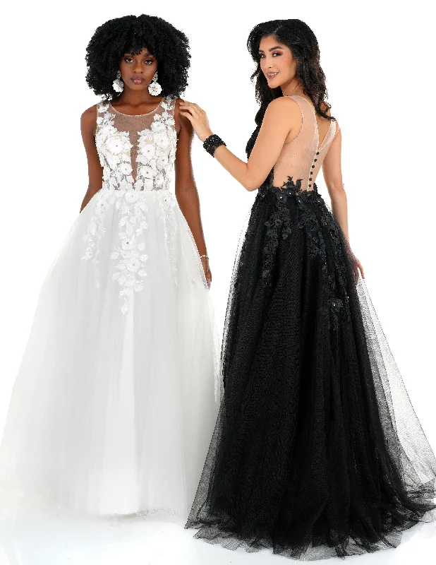 Huge Discounts Cecilia Couture 1522 Sheer Black Wedding Dress Floral 3D Lace Ballgown High Neck Button