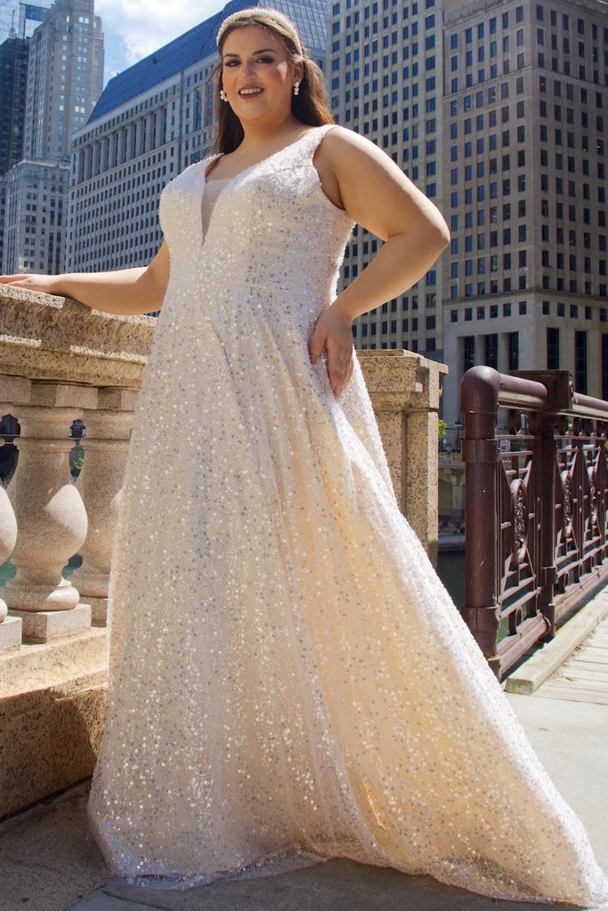 Flash Sale Michelle Bridal For Sydney's Closet MB2311 A-Line Ivory Mesh Silver Paillettes Clear Sequins Bugle Beads Bridal Satin Detachable Belt V-Neck Plus Size "Coco" Bridal Gown