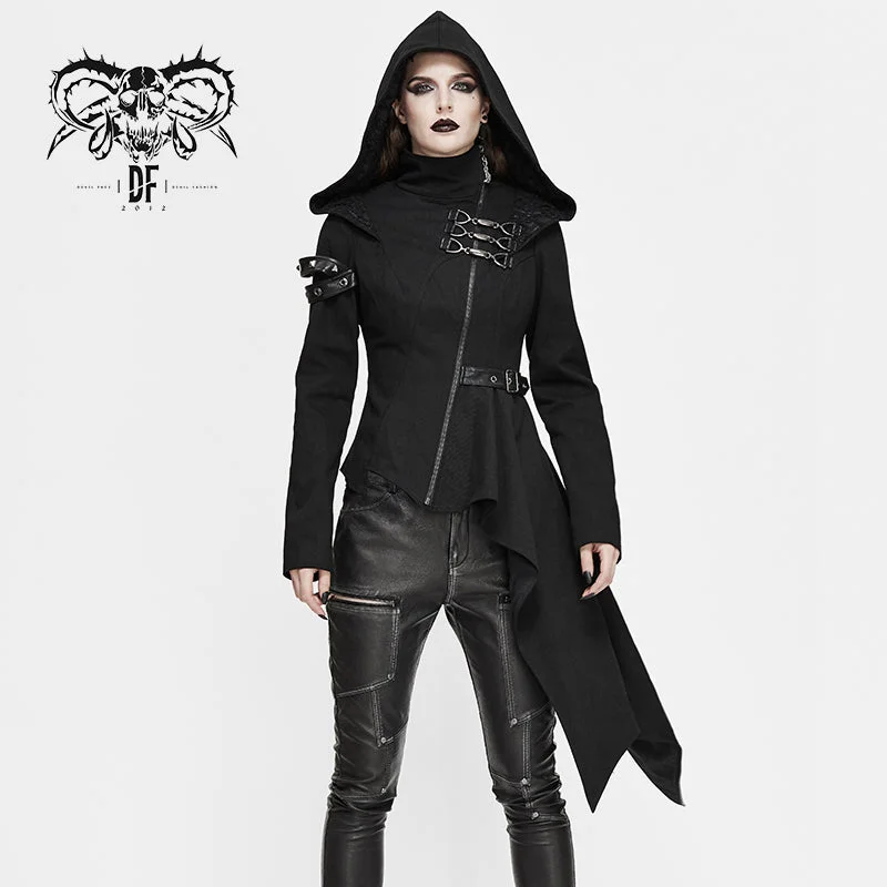 Customer Appreciation Sale CT157 asymmetrical women black zipper up punk hooded jacket
