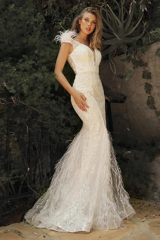 Reduced Prices CD 57W Size 8 Off White Feather Embellished glitter mermaid Wedding Dress Bridal Gown V Neck Sheer