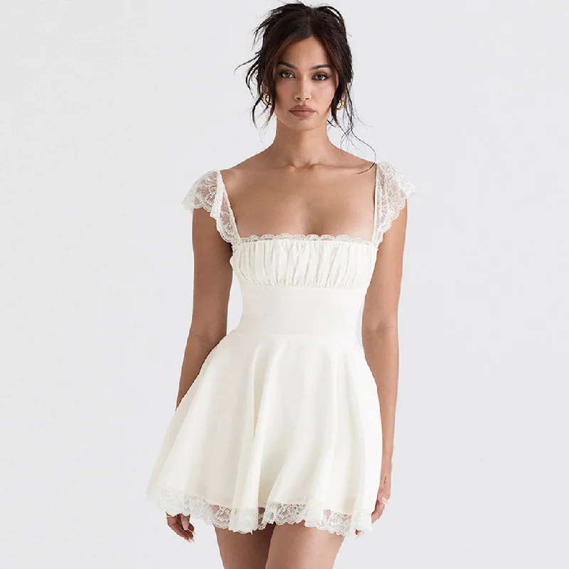 Extra Savings Charming Lace Trim Lace Up Ruched Square Neck Fit and Flare Mini Sundress