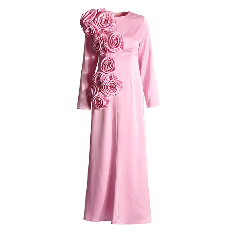 Overstock Blooming Rosette Crew Neck Long Sleeves Satin Fishtail Gown Maxi Dress