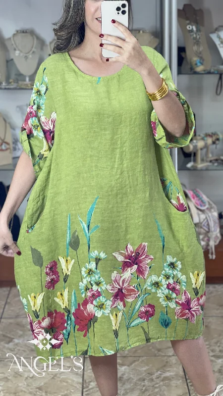Limited Time Green Floral OS Linen Midi Dress