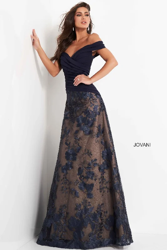 Jovani 02852 Navy Mother of the Bride Dress off shoulder long A line ruched evening gown