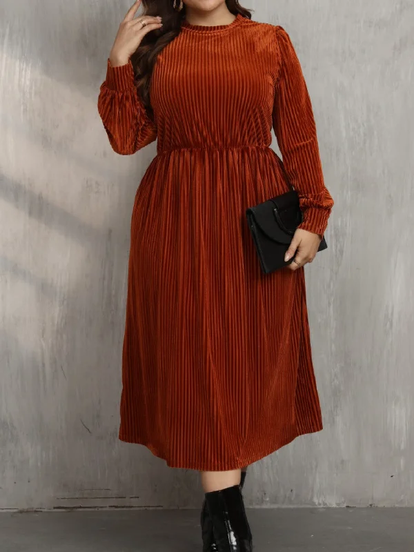Amazing Deals Plus Size Round Neck Long Sleeve Midi Dress