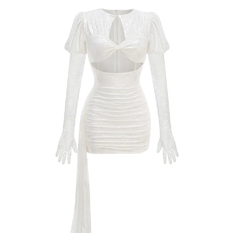 Price Slash Sexy Cutout Glove Sleeve Floral Lace Draped Ruched Bodycon Mini Party Dress