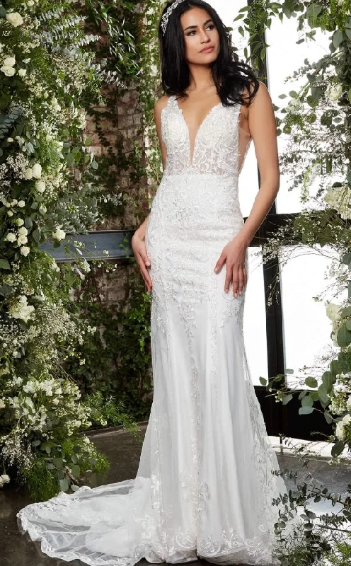 Jovani JB07385 Long Fitted Sheer V Neck Lace Wedding Dress Train Embroidered