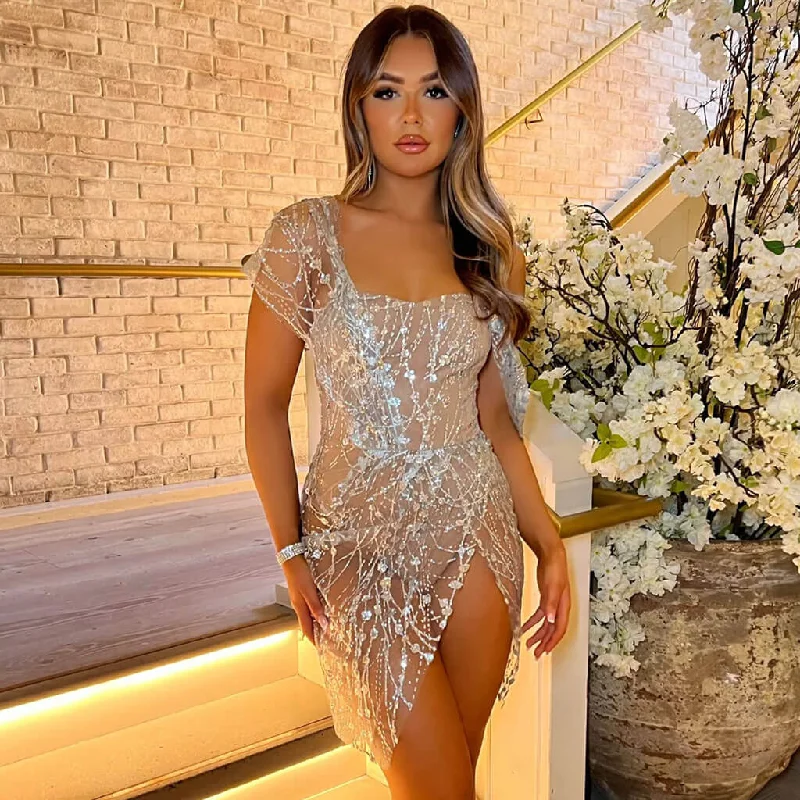 Seasonal Clearance Asymmetrical Draped Sleeve Floral Sequin Mesh Fitted Split Mini Party Dress Seasonal Clearance Asymmetrical Draped Sleeve Floral Sequin Mesh Fitted Split Mini Party Dress