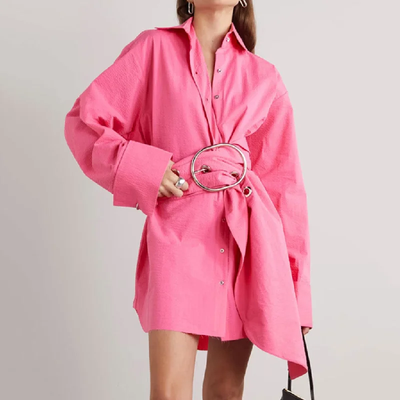 Price Cut Oversized Belted Collared Button Down O Ring Long Sleeve Tunic Effect Mini Shirt Dress