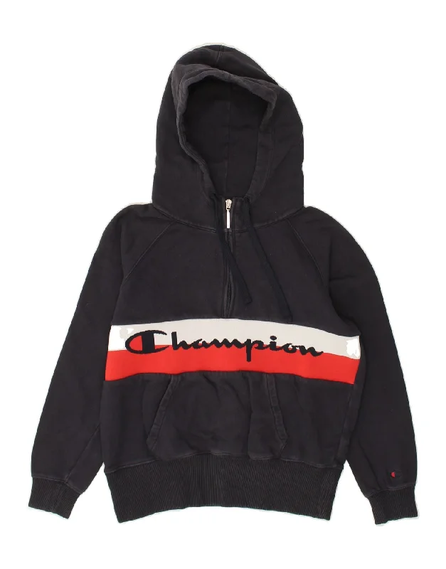 Crazy Savings CHAMPION Womens Graphic Zip Neck Hoodie Jumper UK 10 Small Navy Blue