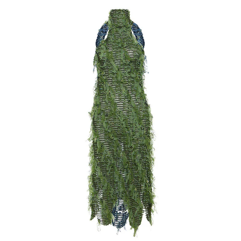 Hot Deal Jungle Mock Neck Bicolor Backless Smocked Fringe Sheer Mesh Midi Dress