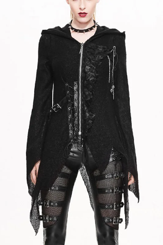 Lowest Price Black Vintage Hooded With Leather Details Women's Punk Jackets