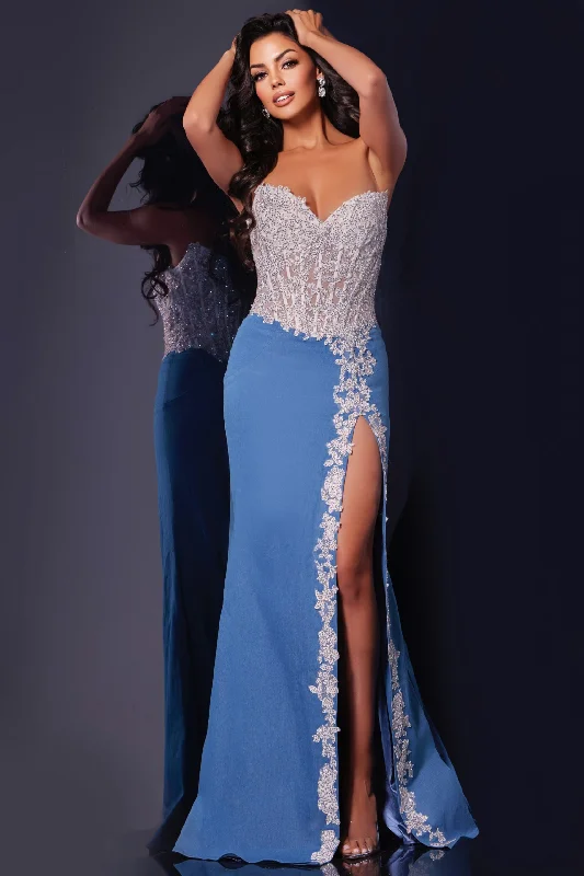 Flash Deals Jovani 43341 Sheer Lace Crystal Corset Denim Prom Dress Strapless Pageant Gown Slit Flash Deals Jovani 43341 Sheer Lace Crystal Corset Denim Prom Dress Strapless Pageant Gown Slit