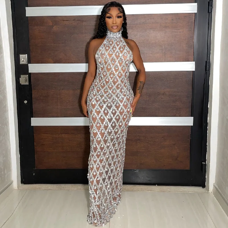 Don’t Miss Out Luxury Rhinestone Embellished High Neck Bodycon Mesh Maxi Evening Dress