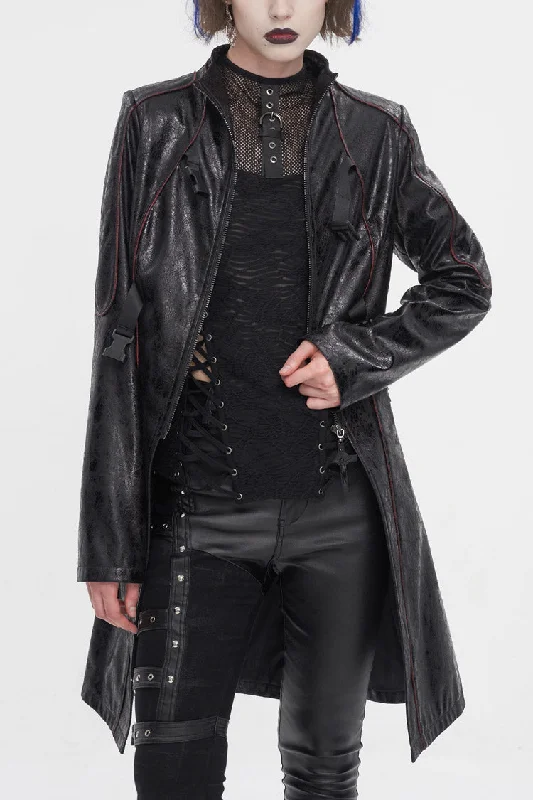 TIME-Limited Offer Black Double Buckle Faux Leather Long Women's Punk Coat