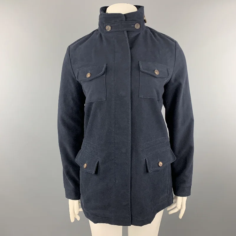 Mega Sale LORO PIANA Size 10 Navy Cotton High Collar Zip Hood Jacket
