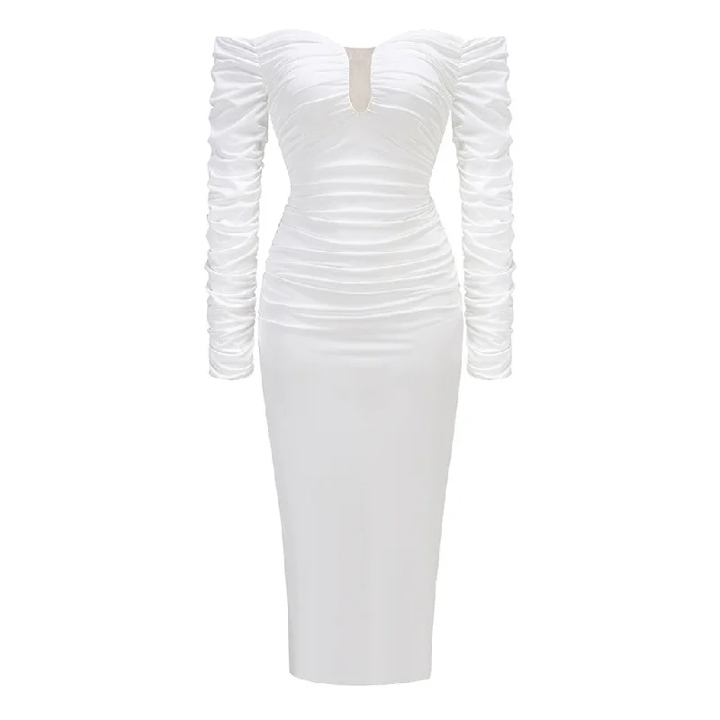 Fantastic Offers Sexy Plunge Off Shoulder Long Sleeve Ruched Jersey Bodycon Midi Dress