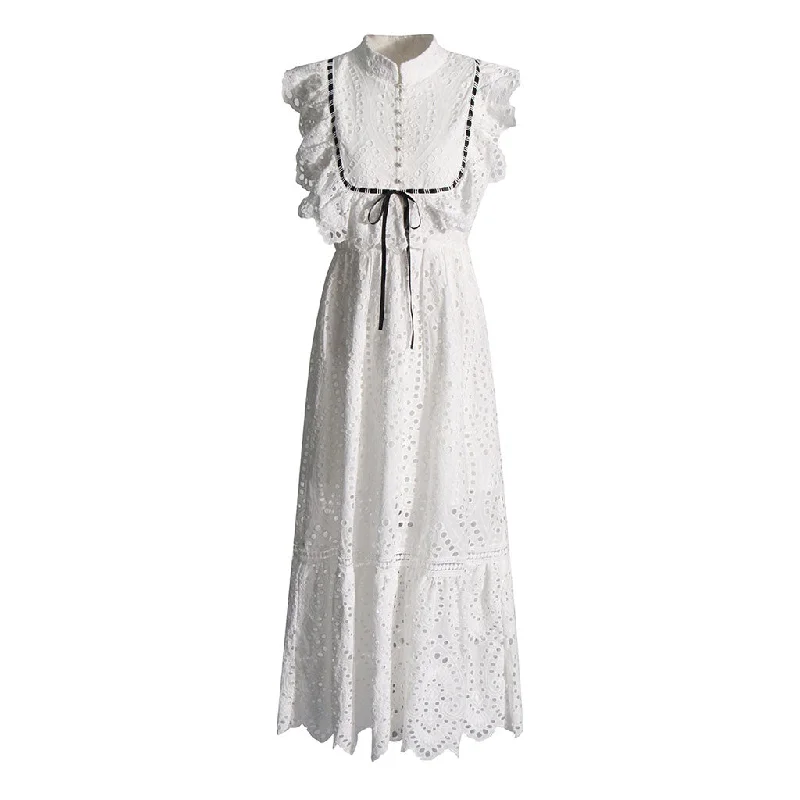 Loyalty Reward French Style Mock Neck Ruffle Bow Tie Broderie Anglaise Sleeveless Maxi Dress