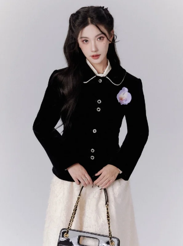 Elegant Black Fitted Blazer with Floral Brooch