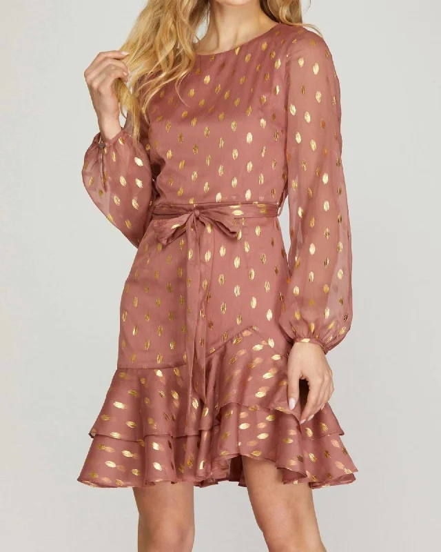 Bargain Prices Long Sleeve Gold-Dot Chiffon Dress In Dusty Rose | Dusty Rose