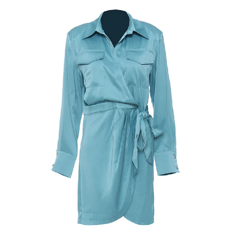 Fantastic Offers Luxury Collared Long Sleeve Patch Pocket Tie Waist Pleated Satin Midi Shirt Dress Fantastic Offers Luxury Collared Long Sleeve Patch Pocket Tie Waist Pleated Satin Midi Shirt Dress