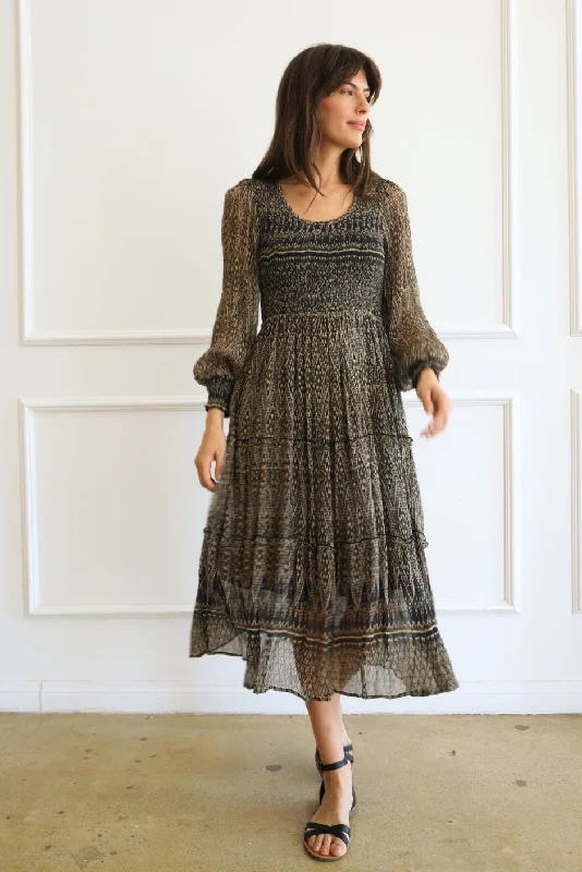 Best Deals Stella Midi Dress in Olive Ikat